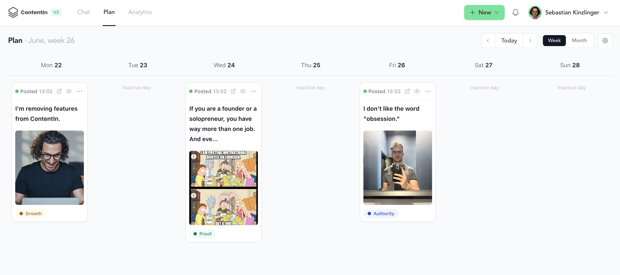A week of LinkedIn posts planned in ContentIn — Growth, Proof and Authority